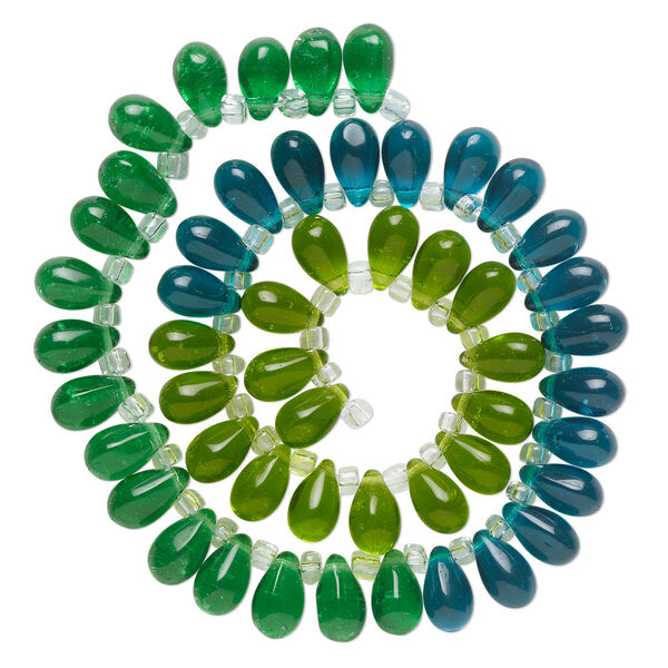 Bead, glass, transparent light green, green and teal, 11x7mm top-drilled teardrop with irregular rondelles. Sold per 14-inch strand. image number 0