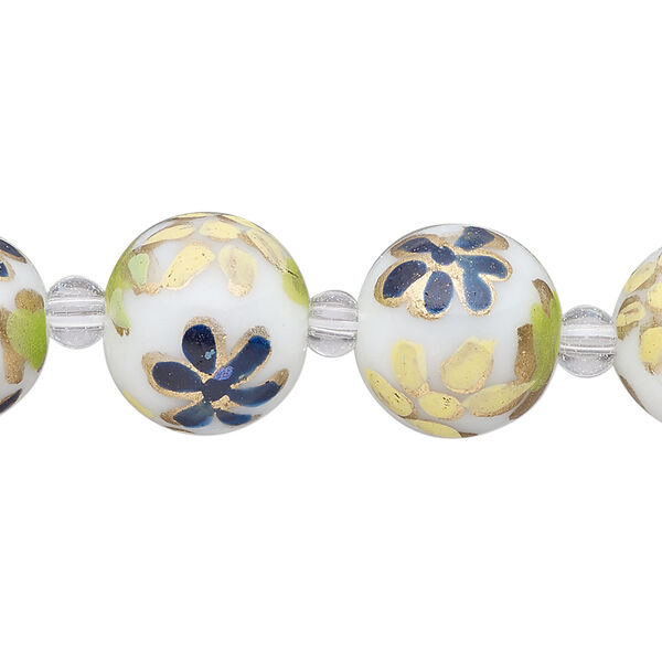 Bead, glass 1pkg8, multicolored, 14mm round with hand-painted flower. image number 0