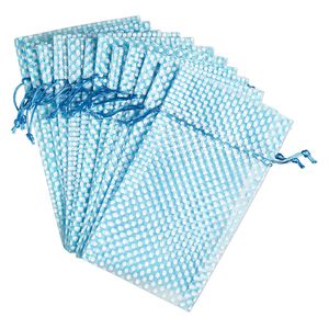 Pouch, organza, turquoise blue and white, 10x6 inches with dots pattern and drawstring closure. Sold per pkg of 12.