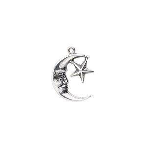 Charm, antiqued sterling silver, 14x12mm moon face with star. Sold individually.