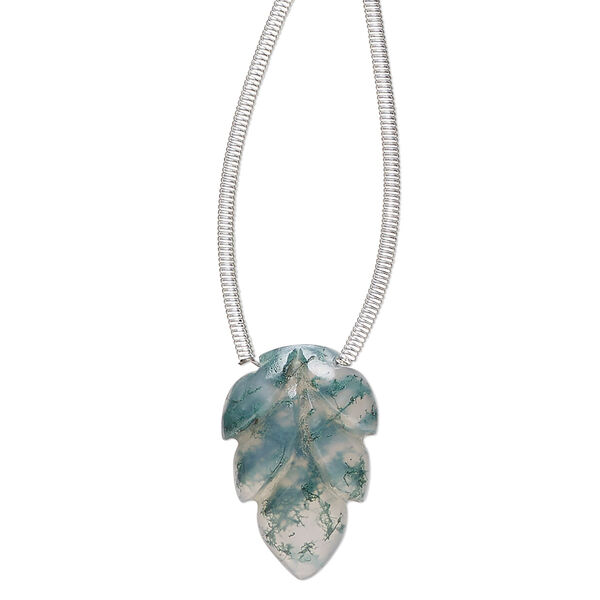 Moss agate 1pkg1, hand-cut top-drilled carved leaf bead natural B grade, 18x12mm image number 0