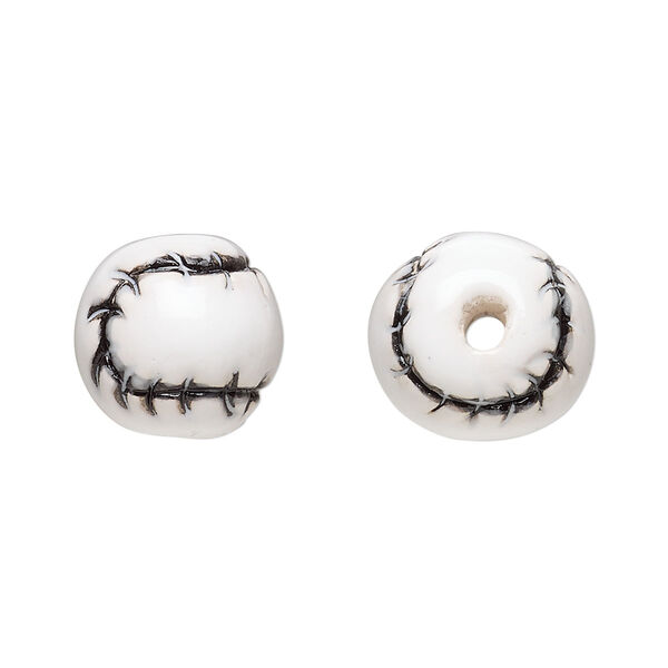 Bead, glazed ceramic, white and black, 13mm hand-painted baseball. Sold per pkg of 2. image number 0
