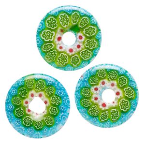 Component, millefiori glass, translucent multicolored, 24-26mm undrilled donut with flower design. Sold per pkg of 3.