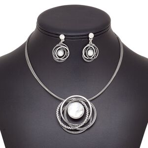 Necklace and earring set, multi-strand, black lip shell (natural) / stainless steel / antique silver-plated brass / steel / "pewter" (zinc-based alloy), 46mm round, 15" to 16" strand necklace with 2-inch extender chain and lobster claw clasp, 35mm earrings with post. Sold per set.