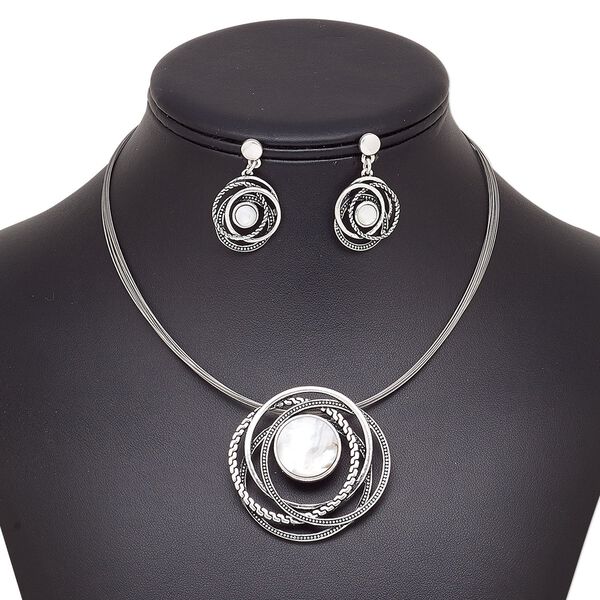 Necklace and earring set, multi-strand, black lip shell (natural) / stainless steel / antique silver-plated brass / steel / "pewter" (zinc-based alloy), 46mm round, 15" to 16" strand necklace with 2-inch extender chain and lobster claw clasp, 35mm earrings with post. Sold per set. image number 0