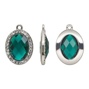 Drop, glass / glass rhinestone / imitation rhodium-finished "pewter" (zinc-based alloy), clear and transparent emerald green, 23.5x19mm single-sided oval. Sold per pkg of 2.