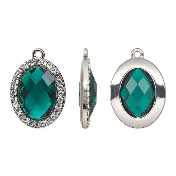 Drop, glass / glass rhinestone / imitation rhodium-finished "pewter" (zinc-based alloy), clear and transparent emerald green, 23.5x19mm single-sided oval. Sold per pkg of 2. image number 0