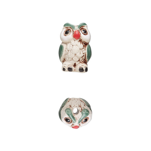 Bead, glazed ceramic, white / green / multicolored, 15x10mm hand-painted owl. Sold per pkg of 2. image number 0
