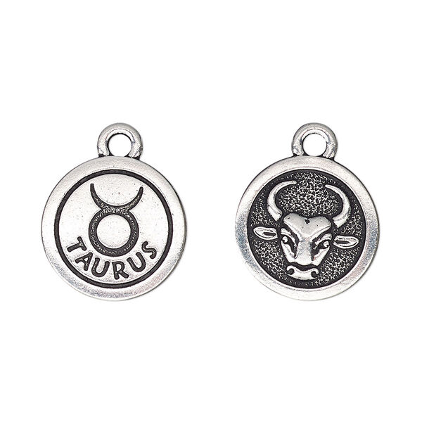Charm, TierraCast®, antique silver-plated pewter (tin-based alloy), 15mm two-sided flat round with Taurus zodiac sign and symbol. Sold per pkg of 2. image number 0