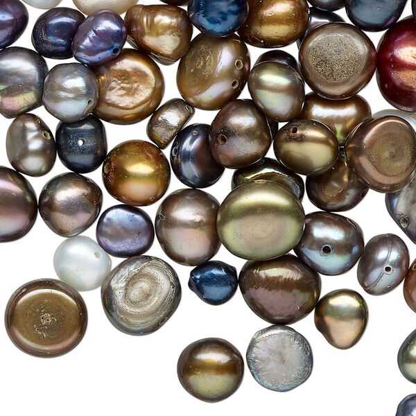 Pearl mix, cultured freshwater (dyed), mixed colors, 4mm-14mmx12mm flat-sided potato, Mohs hardness 2-1/2 to 4. Sold per 2-ounce pkg, approximately 130 beads. image number 0
