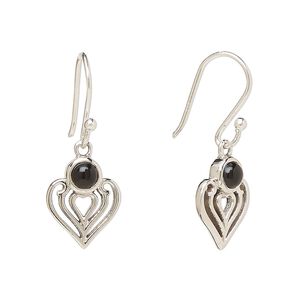 Earring, Create Compliments®, antiqued sterling silver and black onyx (dyed), fishhook, 28.5mm with 15x9mm single-sided heart, 21 gauge. Sold per pair.