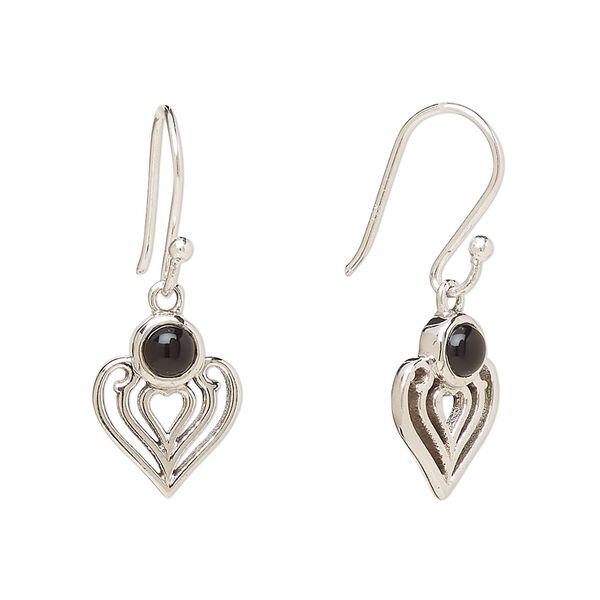 Earring, Create Compliments®, antiqued sterling silver and black onyx (dyed), fishhook, 28.5mm with 15x9mm single-sided heart, 21 gauge. Sold per pair. image number 0