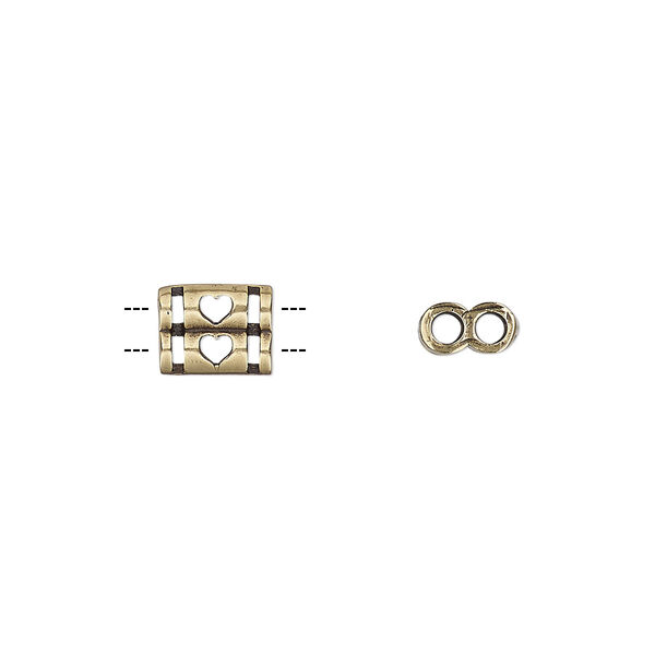 Spacer, antiqued brass, 8x6.5mm double-sided 2-strand double round tube with heart cutout design, fits up to 2mm bead. Sold individually. image number 0