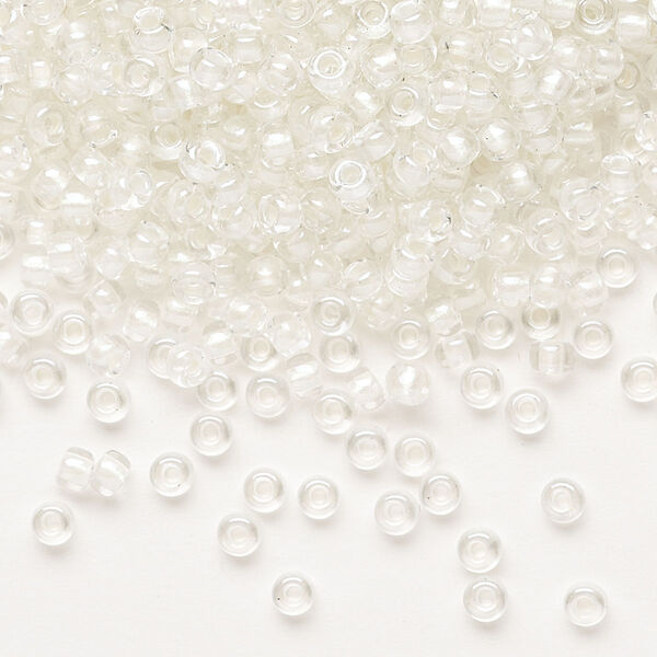 Seed bead, Miyuki, glass, pkg/50g, #8 rocaille, translucent white pearl-lined rainbow pale beige, (RR-3801). image number 0