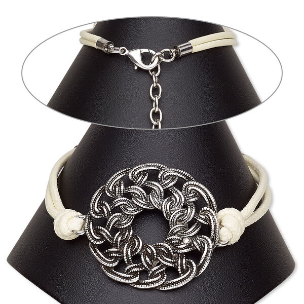 Bracelet, 2-strand, waxed cotton cord with antique silver-plated steel and "pewter" (zinc-based alloy), white, 38mm round knot, 7-1/2 inches with 2-inch extender chain and lobster claw clasp. Sold individually. image number 0