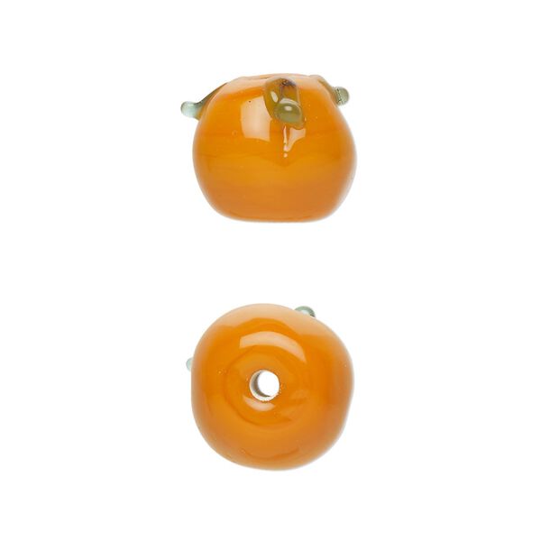 Bead, lampworked glass, orange and green, 12mm-13x12mm pumpkin with leaves. Sold per pkg of 8. image number 0