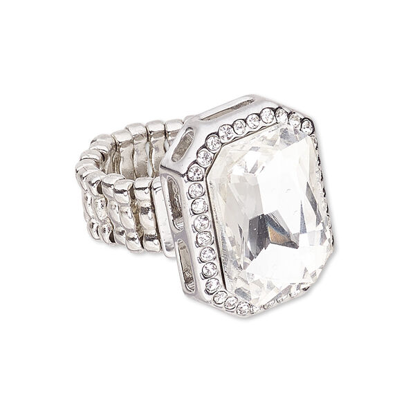 Ring, stretch, glass / glass rhinestone / imitation rhodium-plated "pewter" (zinc-based alloy), clear, 22x17mm rectangle, size 5-7. Sold individually. image number 0