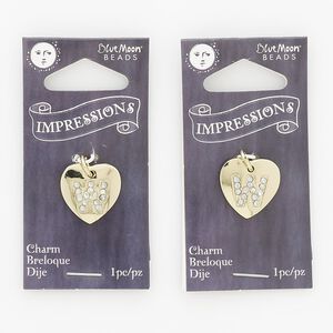 Charm, gold-finished "pewter" (zinc-based alloy) / steel / acrylic rhinestone, clear, 15.5mm single-sided puffed heart with letter "W." Sold per pkg of 2.