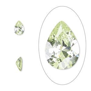 Gem, cubic zirconia, peridot green, 7x5mm faceted pear, Mohs hardness 8-1/2. Sold per pkg of 2.