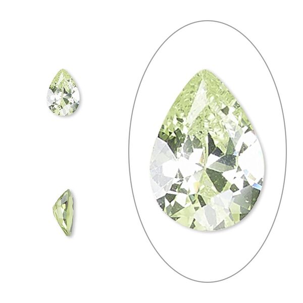 Gem, cubic zirconia, peridot green, 7x5mm faceted pear, Mohs hardness 8-1/2. Sold per pkg of 2. image number 0
