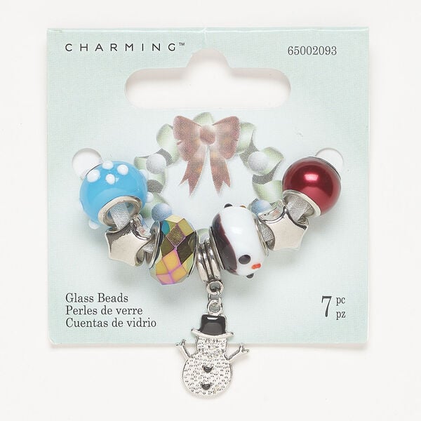 Bead assortment 1pkg7, glass / enamel / antique silver-finished brass and stainless steel, multicolored, 11x9mm-17x15mm mixed shapes. image number 0