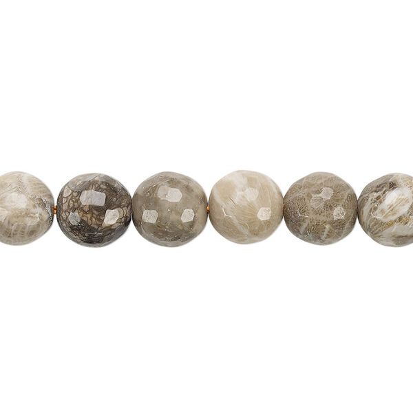 Bead, fossil coral (natural), 8mm faceted round, B grade, Mohs hardness 6-1/2 to 7. Sold per 8-inch strand, approximately 20 beads. image number 0