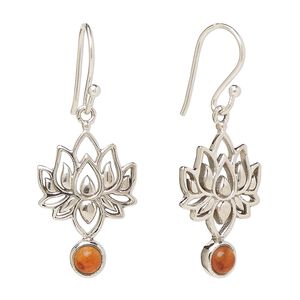 Earring, Create Compliments®, antiqued sterling silver and carnelian (dyed/heated), fishhook, 37.5mm with 22.5 x 14.5mm single-sided lotus, 21 gauge. Sold per pair.