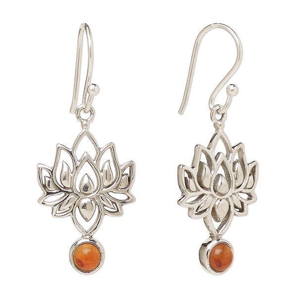 Earring, Create Compliments®, antiqued sterling silver and carnelian (dyed/heated), fishhook, 37.5mm with 22.5 x 14.5mm single-sided lotus, 21 gauge. Sold per pair. image number 0