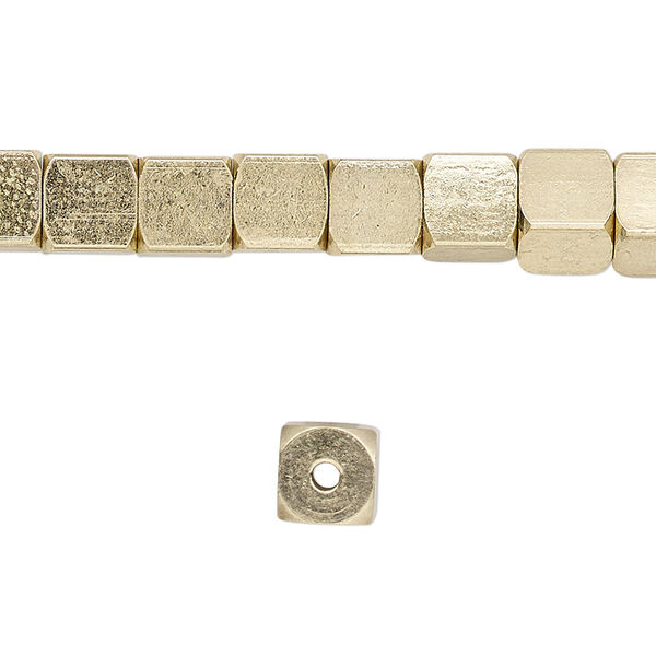 Bead, brass-finished "pewter" (zinc-based alloy), 6mm rounded cube. Sold per 8-inch strand. image number 0