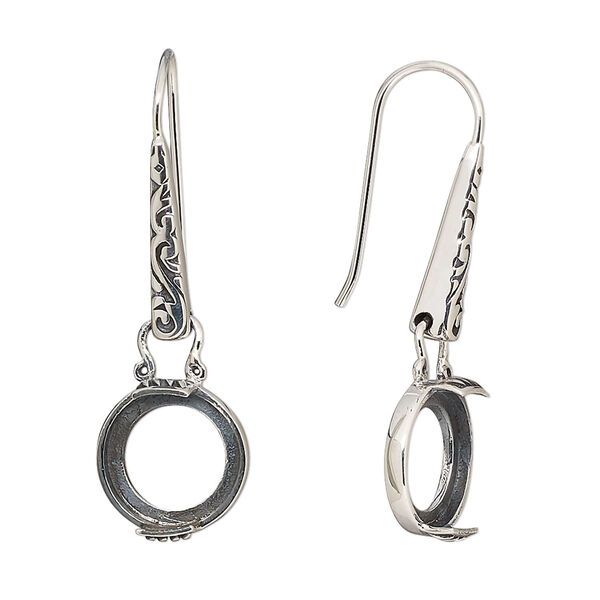 Earring fishhook 1pkg2 sterling silver, 35mm flourish marquise design / 10mm round cab 2-prong open back setting, 20 gauge antiqued 1 pair image number 0