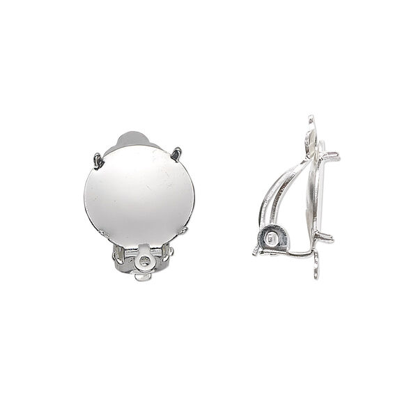 Earring, clip-on, silver-plated brass and steel, 13mm round flat pad with 12mm 4-prong round setting and closed loop. Sold per pkg of 10 pairs. image number 0
