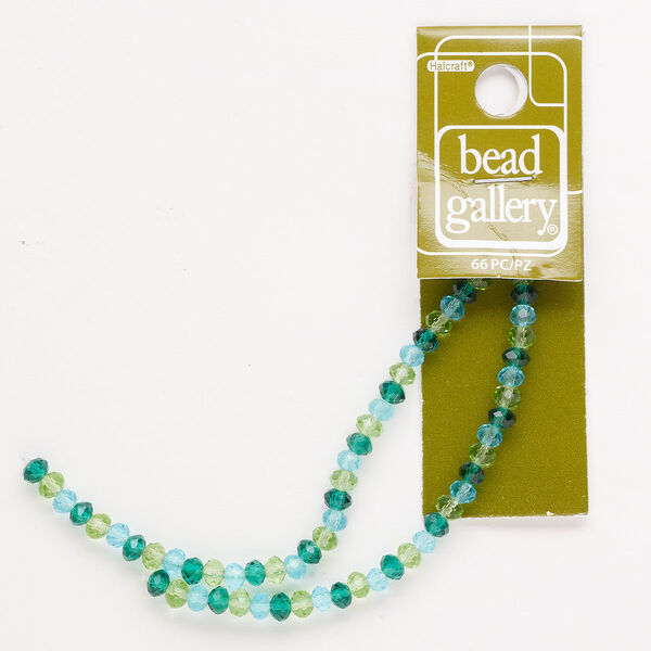 Bead, glass, translucent blue / green / light green, 4x3mm-5x4mm faceted rondelle. Sold per pkg of 66. image number 0