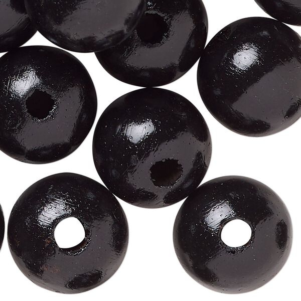Bead, wood (dyed/waxed), black, 16mm round. Sold per pkg of 100. image number 0