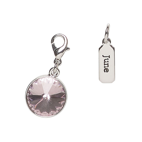 Charm assortment 1pkg2, silver-finished brass and crystal, light amethyst, 12x5mm rectangle and 13mm round with lobster claw clasp (June birthstone). image number 0