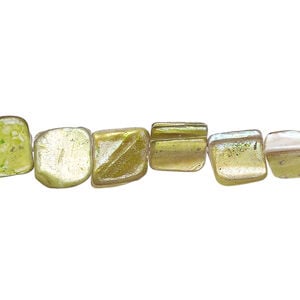 Mother-of-pearl shell 1pkg1, triangle tube bead 15 inch light green / tan 6x5mm-10x8mm