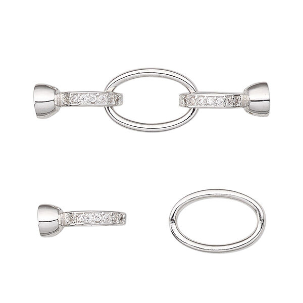 Clasp, double latch fold-over, cubic zirconia and rhodium-plated brass, clear, 33x9mm with oval and glue-in ends, 3.5mm inside diameter. Sold individually. image number 0