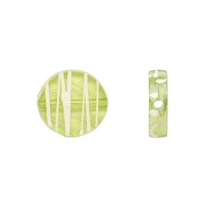 Bead, acrylic, semitransparent green and white, 15mm flat round with painted line design. Sold per pkg of 140.