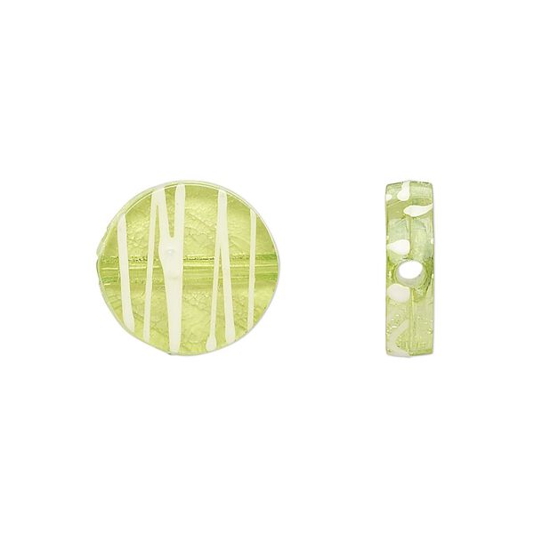 Bead, acrylic, semitransparent green and white, 15mm flat round with painted line design. Sold per pkg of 140. image number 0