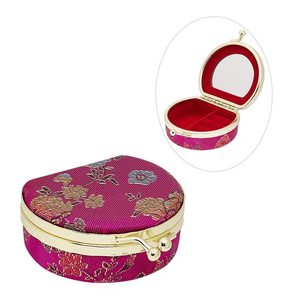 Jewelry box, nylon brocade / velveteen / gold-finished steel, fuchsia / red / multicolored, 2-3/4 x 2-1/4 x 1-1/8 inch hinged 3/4 round with floral design and mirror. Sold individually. image number 0