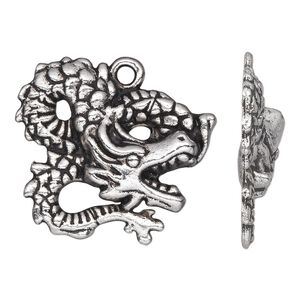 Charm, antique silver-plated "pewter" (zinc-based alloy), 29x26mm single-sided dragon. Sold per pkg of 10.