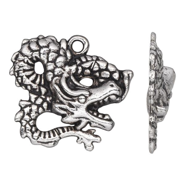 Charm, antique silver-plated "pewter" (zinc-based alloy), 29x26mm single-sided dragon. Sold per pkg of 10. image number 0