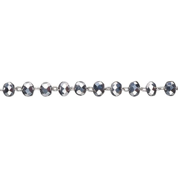 Chain, glass and stainless steel, metallic silver, 3.5mm faceted rondelle. Sold per pkg of 1 yard. image number 0