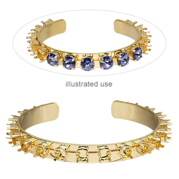 Bracelet, cuff, gold-plated brass, 9mm wide cupchain with (18) SS29 settings, adjustable from 7-1/2 to 8-1/2 inches. Sold individually. image number 0