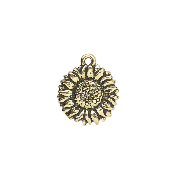 Charm, TierraCast®, antique gold-plated pewter (tin-based alloy), 15mm double-sided sunflower. Sold per pkg of 2. image number 0