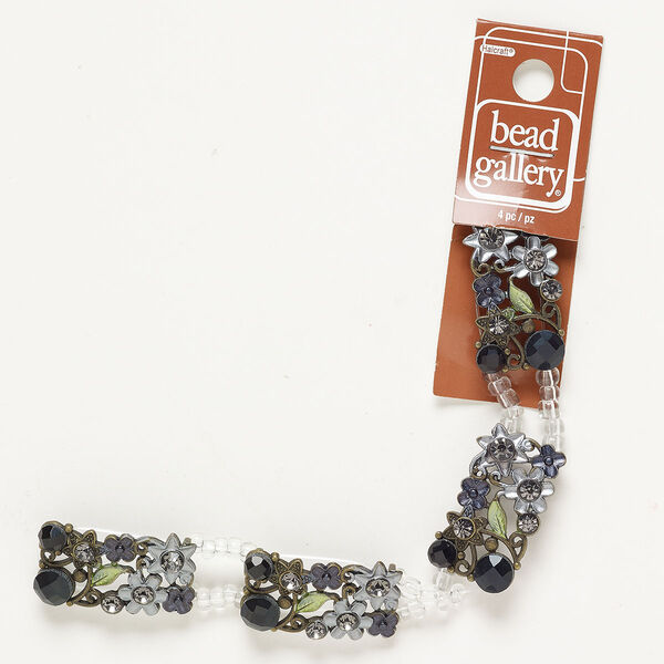Bead spacer "pewter" zinc-based alloy acrylic glass, 4pk 32x18mm 2-strand rectangle, antique silver finish multicolored image number 0