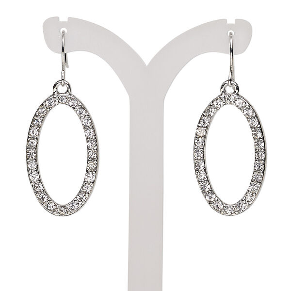 Earring, glass rhinestone with imitation rhodium-finished steel and "pewter" (zinc-based alloy), clear, 42mm with open oval and fishhook ear wire. Sold per pair. image number 0