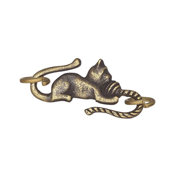 Clasp, S-hook, antique brass-plated pewter (tin-based alloy), 29x13mm with cat design and (2) 7.5mm jump rings. Sold per pkg of 2. image number 0