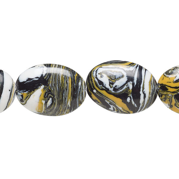 Bead, resin, black / white / dark yellow, 18x13mm flat oval. Sold per 15" to 16" strand. image number 0