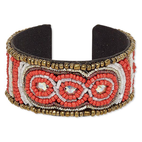 Bracelet, cuff, acrylic / cotton / glass / plastic sequin / steel, iridescent multicolored, 31mm wide with oval and line stripe design, adjustable from 6-1/2 to 7 inches. Sold individually. image number 0