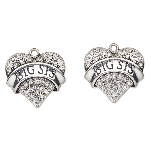 Charm, antique silver-finished enamel "pewter" (zinc-based alloy) and glass, clear and black, 24x23mm heart with "Big Sis". Sold per pkg of 2. image number 0